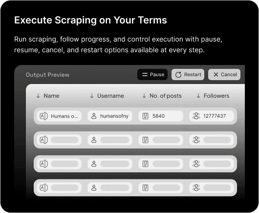 Execute scraping on your terms — output preview with pause, restart, and cancel controls